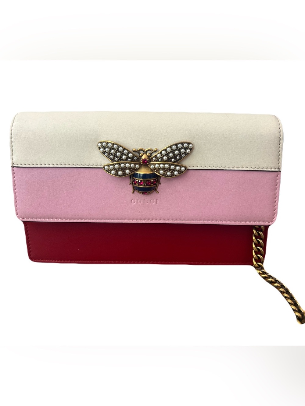Gucci Queen Margaret Tricolor Leather Wallet on Chain - White/Pink/Red